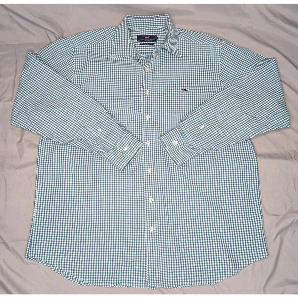 VINEYARD VINES Button-Down Shirt Mens XL Slim Long Sleeve Blue And Green Stripes